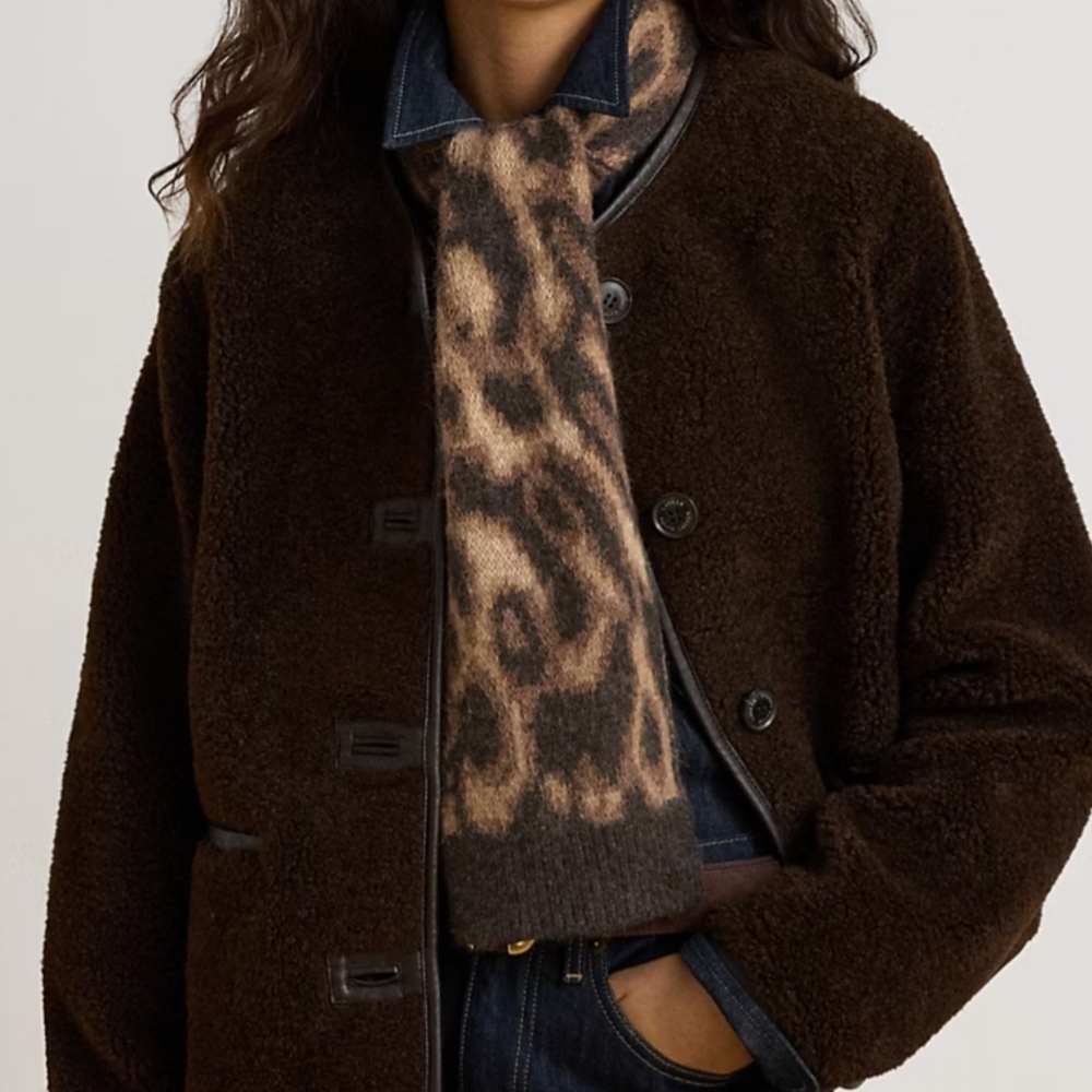 Ralph Lauren Dark Brown Teddy Jacket with Leopard-Print Scarf .
